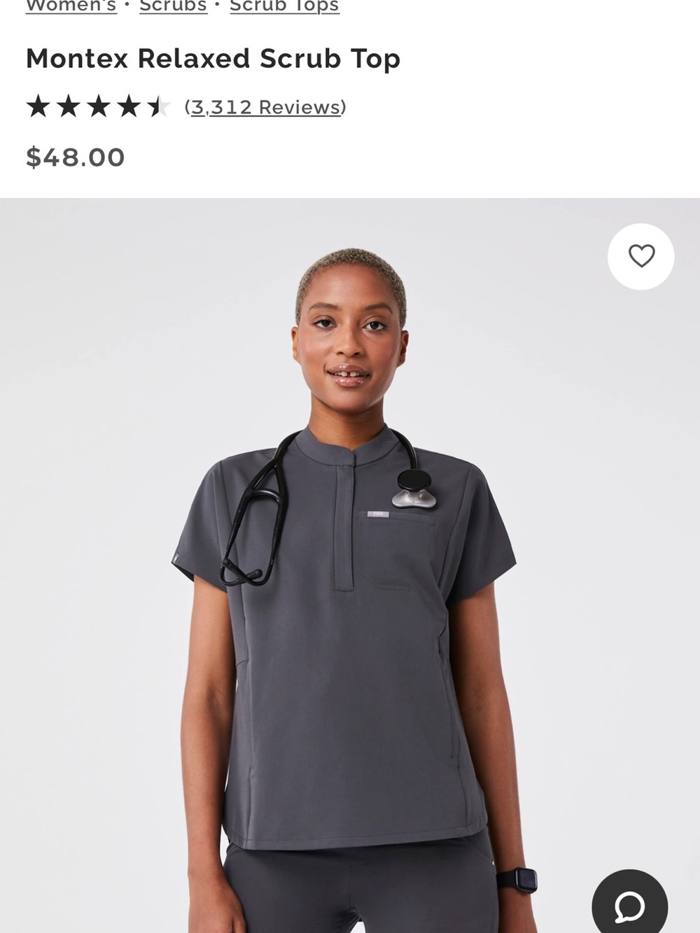 Figs Montex Relaxed Scrub Top Charcoal Medium